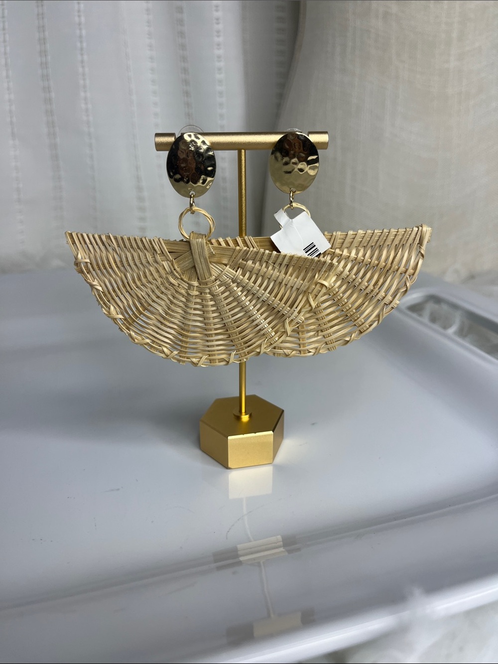 Natural Woven Fan Drop Earrings in Light Tan